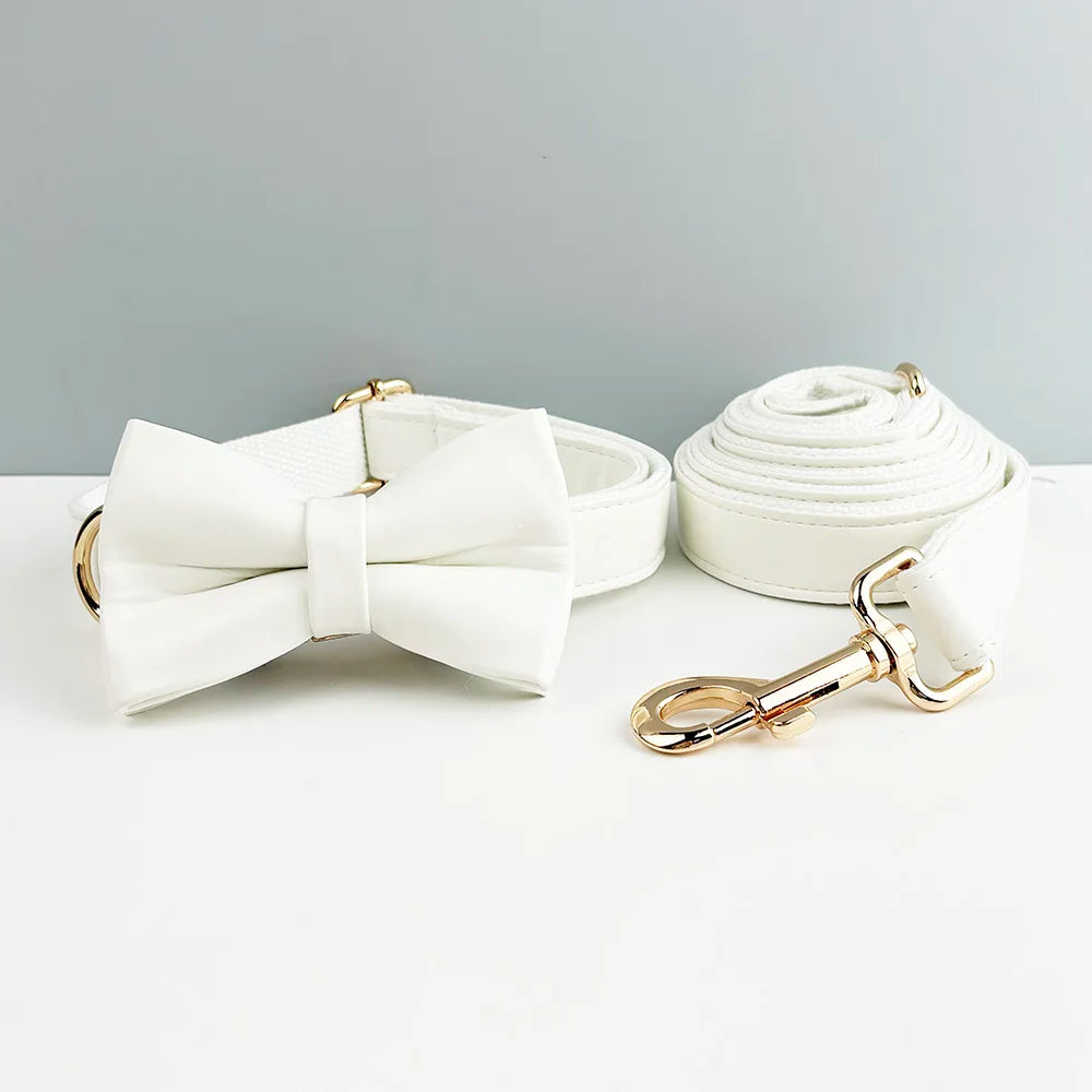 White Leather Personalized Dog Collar, Leash & Harness Set