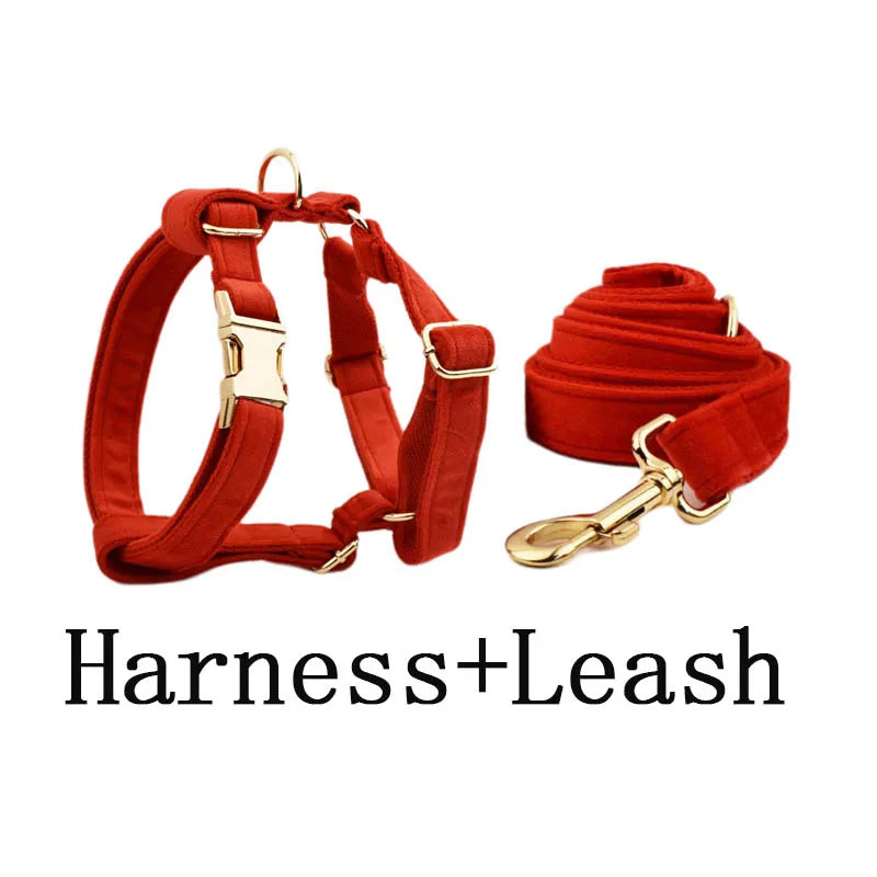Red Velvet Personalized Dog Collar, Leash & Harness Set