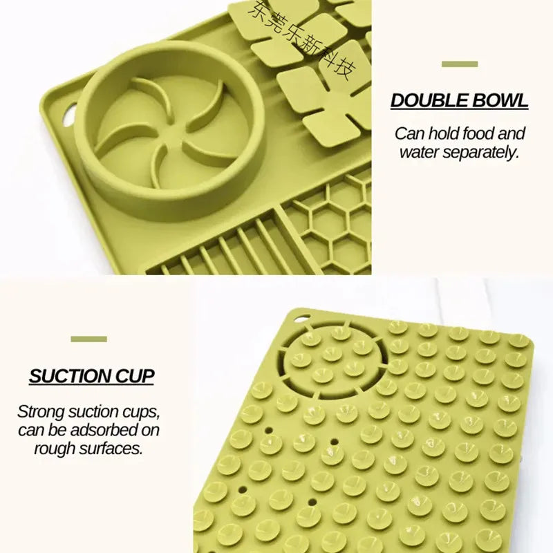 Silicone Dual Slow Feeder Bowl – Anti-Slip Suction Cup Pet Feeding Mat