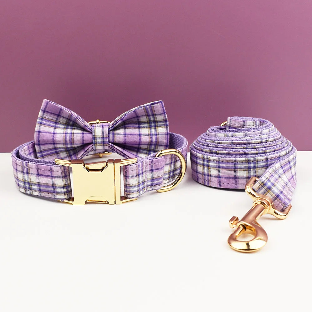 Multi Plaid Personalized Dog Bowtie Collar, Leash Set And Harness Set - Engravable Best Gift For Dog Lover