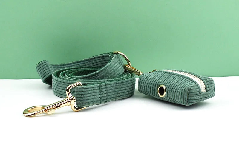 Dark Green Corduroy Personalized Dog Collar, Leash & Harness Set