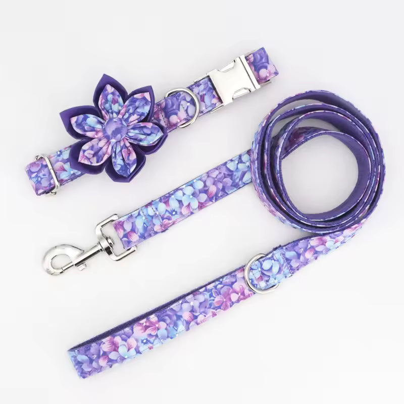 Purple Floral Dog Collar and Leash Set