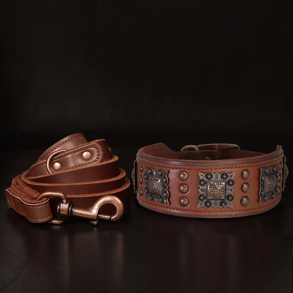 Real Leather Dog Collar & Leash Set – Durable Padded Luxury Design for Medium & Large Dogs