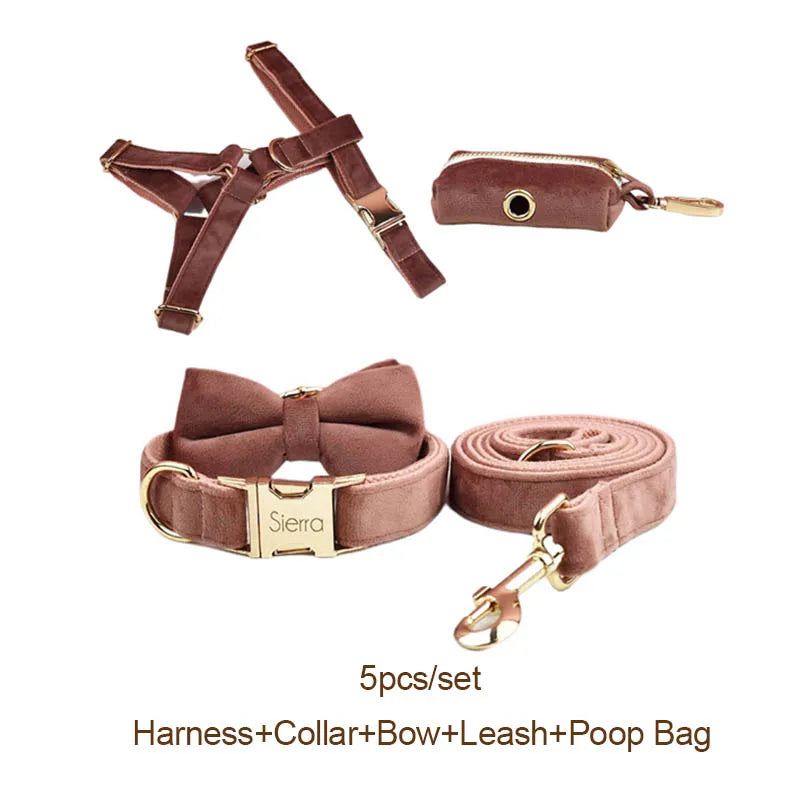 Pink Velvet Personalized Dog Collar, Leash & Harness Set