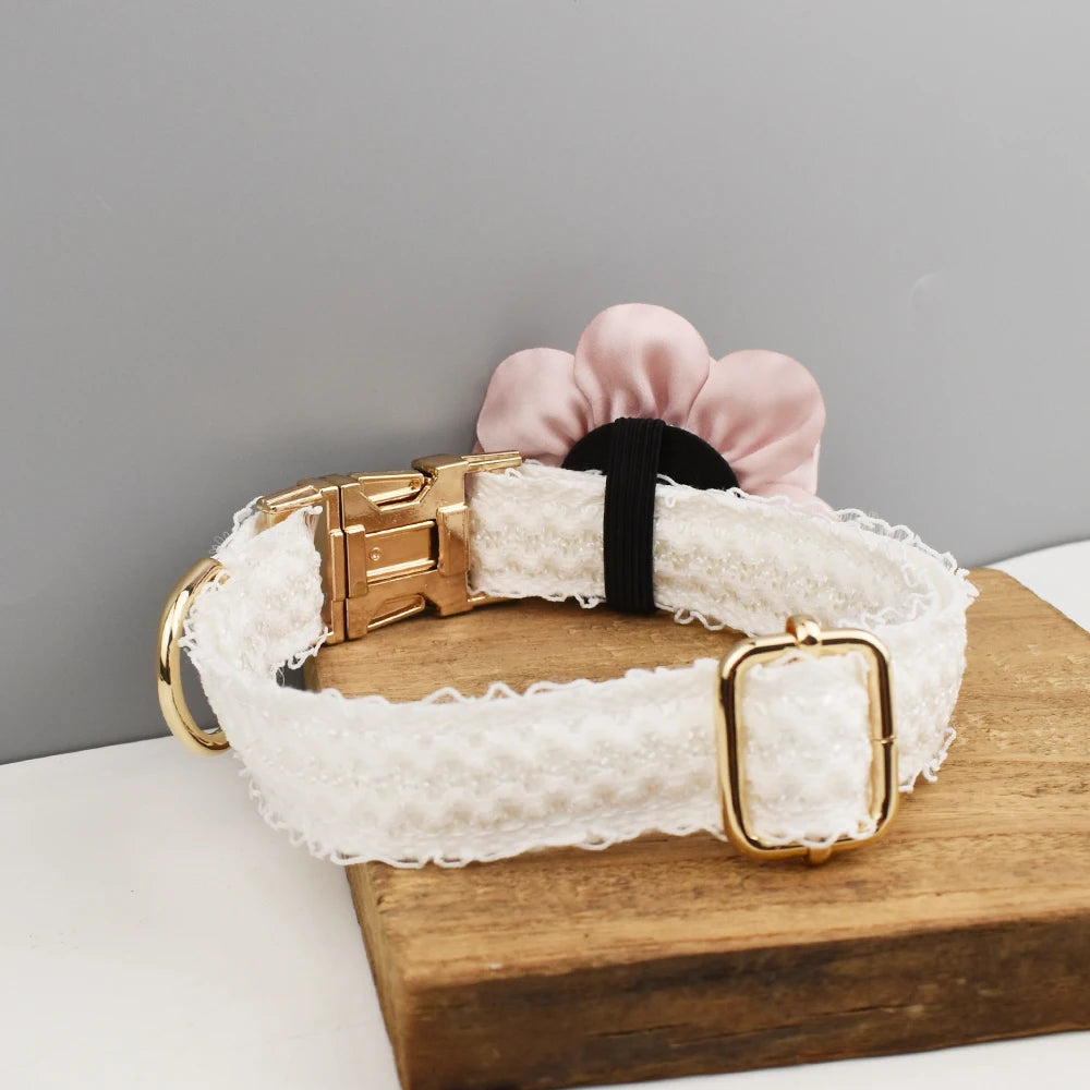 White Lace Personalized Dog Collar, Leash & Harness Set