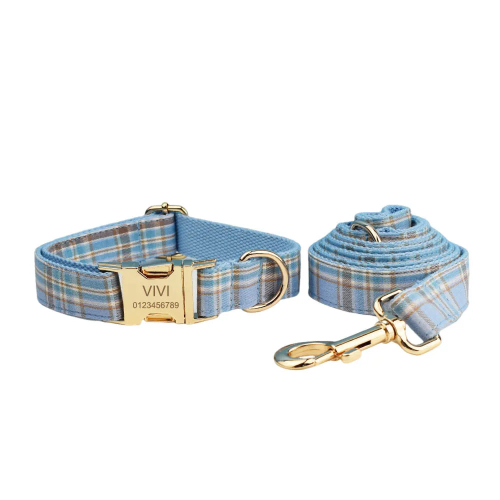 Multi Plaid Personalized Dog Bowtie Collar, Leash Set And Harness Set - Engravable Best Gift For Dog Lover