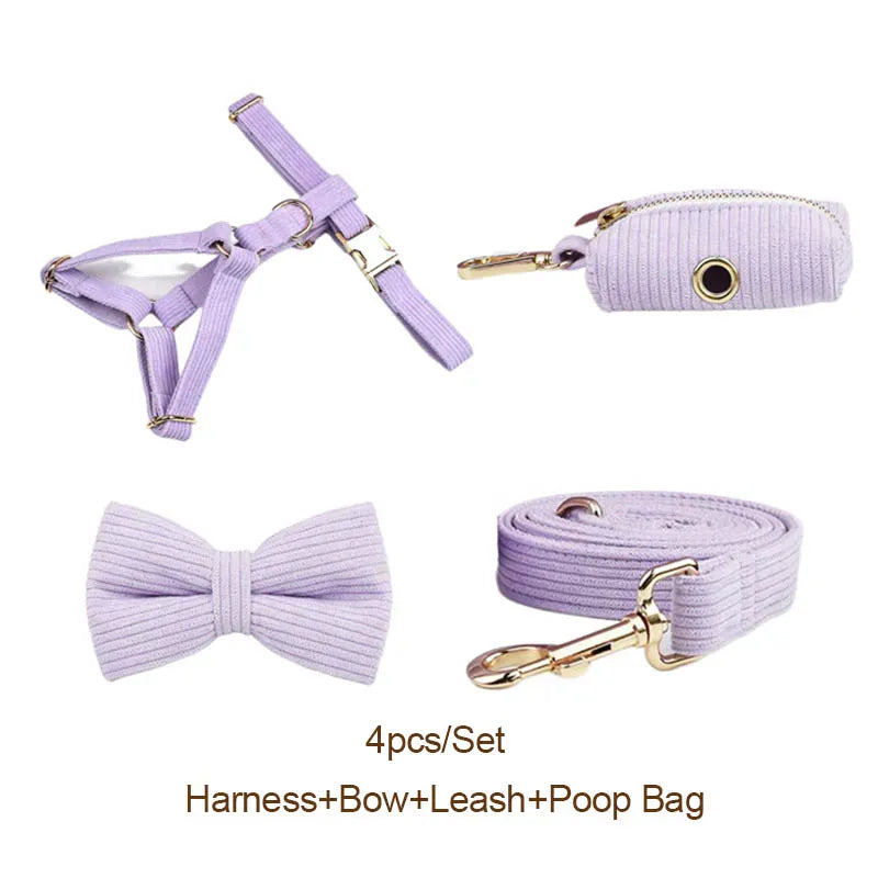 Purple Corduroy Dog Collar Leash and Harness Set