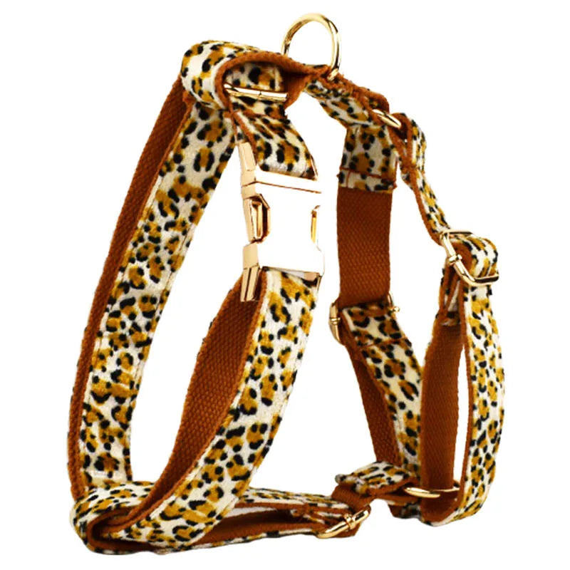 Customized Designer Logo Leopard Personalized Dog Collar, Leash & Harness Set