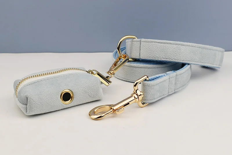 Light Blue Velve Personalized Dog Collar, Leash & Harness Set