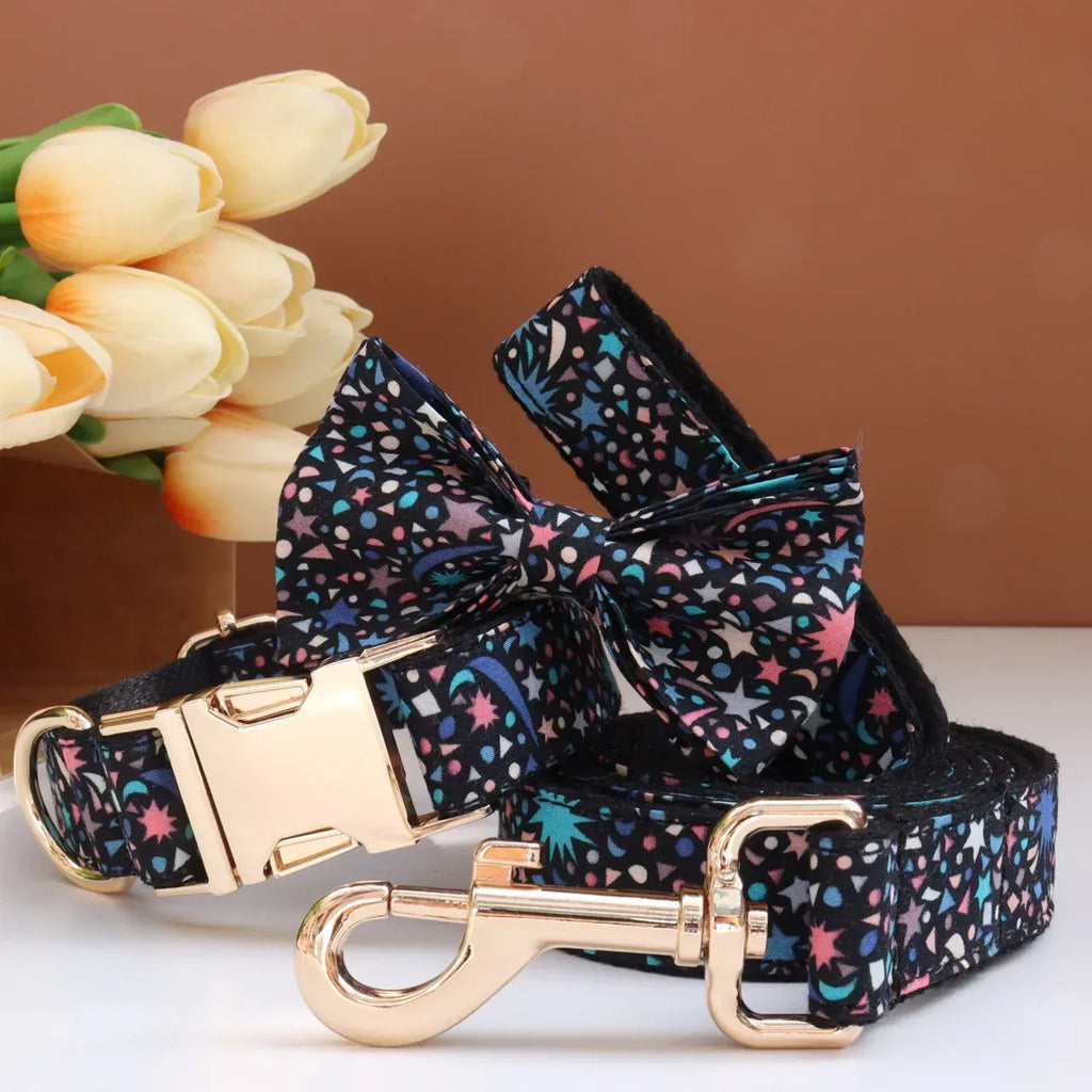 Personalized Print Floral Dog Collar Bowtie Leash Set