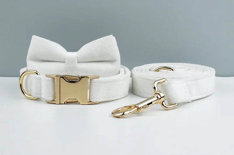 White Velvet Personalized Dog Collar, Leash & Harness Set