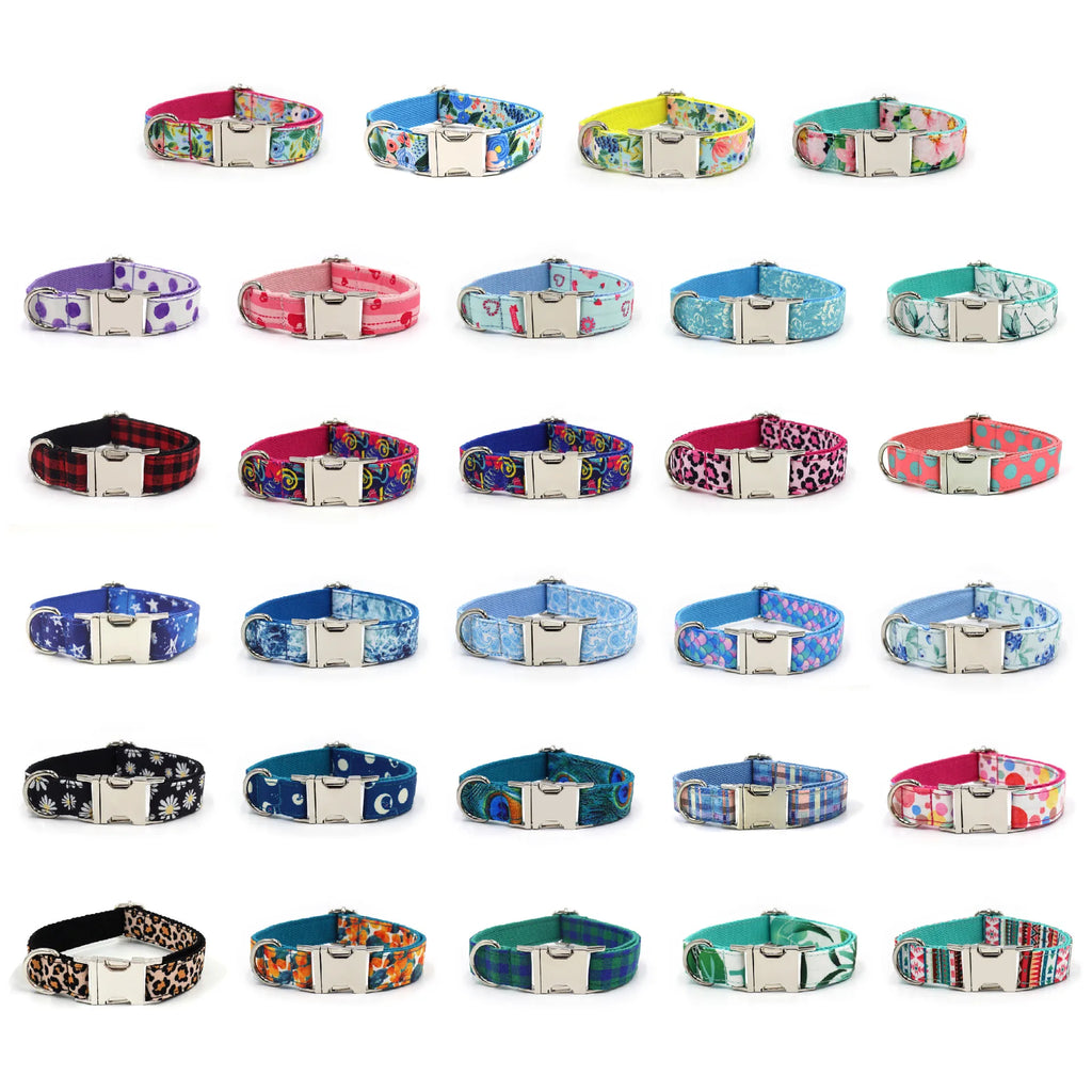 Multi Personalized Print Floral Cotton Adjustable Dog Collars -  Engravable