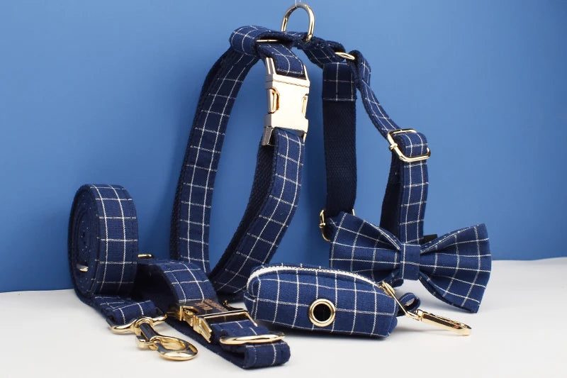 Grid Dark Blue Personalized Dog Collar, Leash & Harness Set