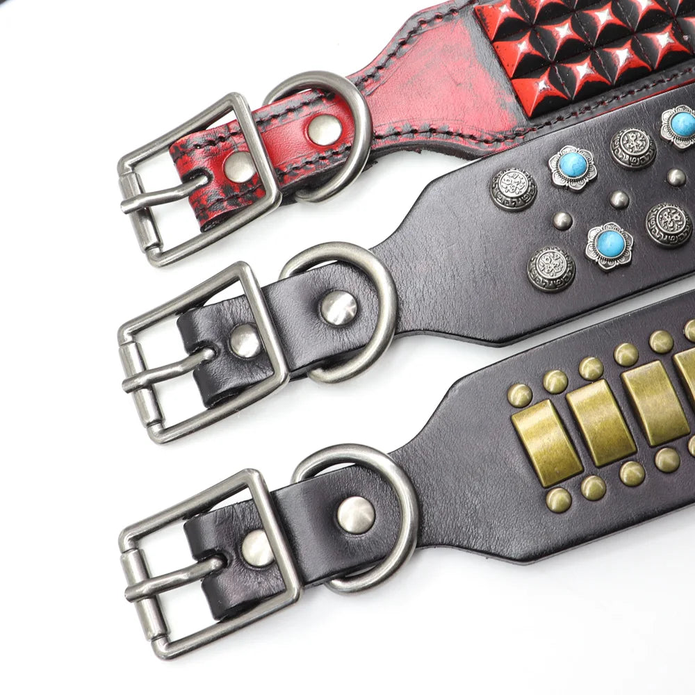 Genuine Leather Dog Collar – 2-Inch Wide Luxury Spike & Diamond Design for Medium & Large Dogs