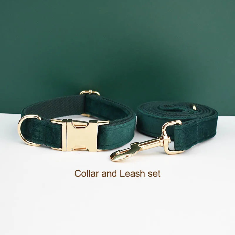 Green Velvet Personalized Dog Collar, Leash & Harness Set
