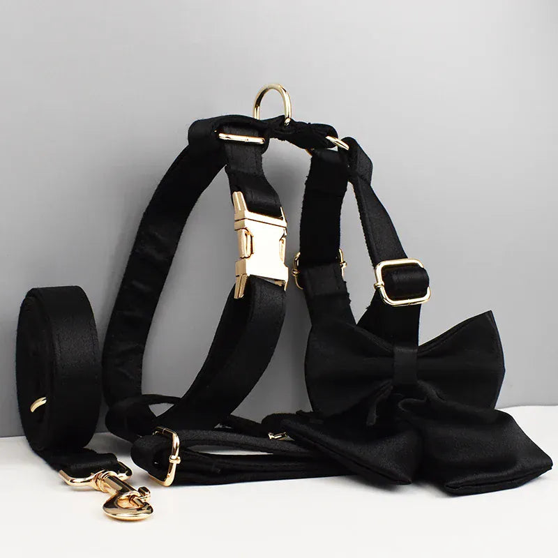 Black Satin Wedding Dog Collar Leash and Harness Set