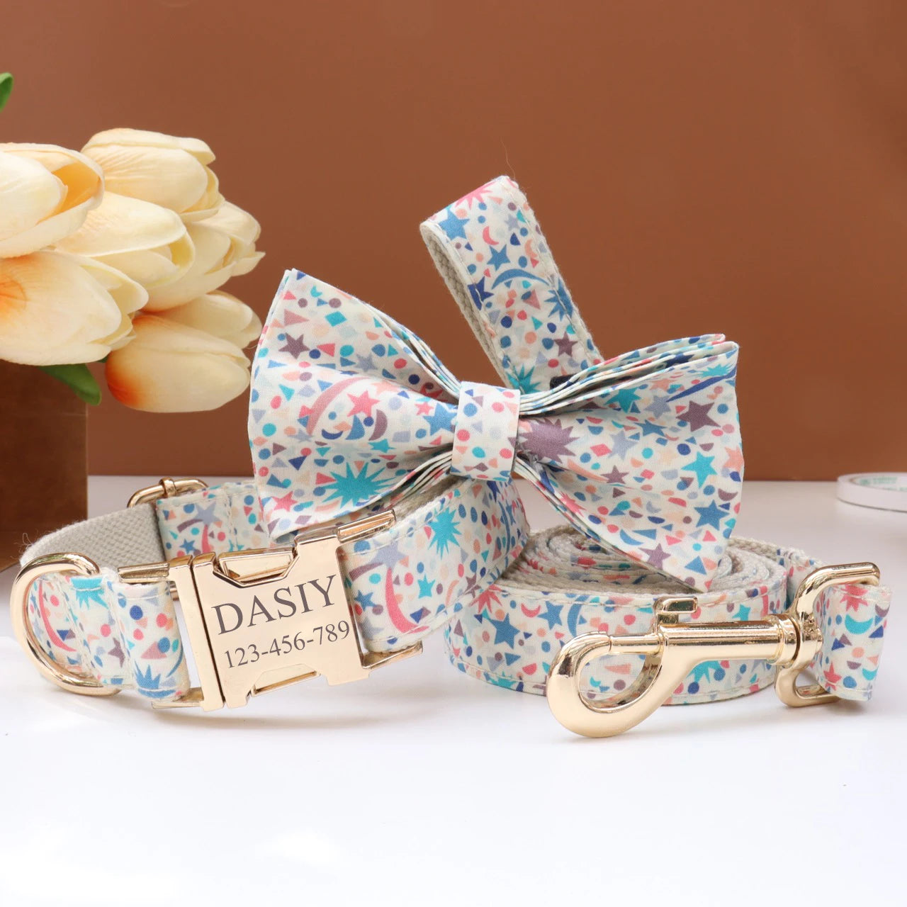 Personalized Dog Collar Bowtie Leash Set