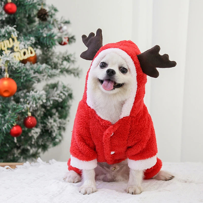 Christmas Elk Dog Hoodie – Warm Coral Velvet Winter Outfit for Small Dogs