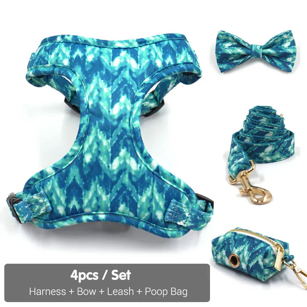 DDPaws Harness + Leash + Bowtie + Poop Bag / XS Blue tie-dye Printed Set