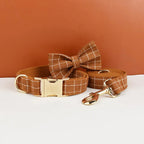 Brown Grid Personalized Dog Collar, Leash & Harness Set