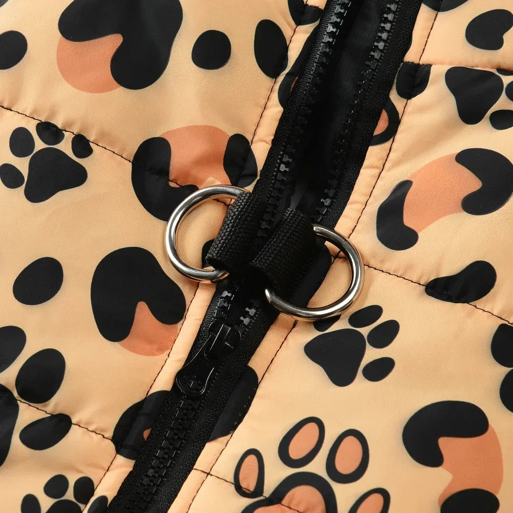 Leopard Print Winter Dog Jacket – Warm, Windproof & Stylish with D-Ring Design