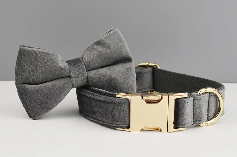 Dark Grey Velvet Personalized Dog Collar, Leash & Harness Set