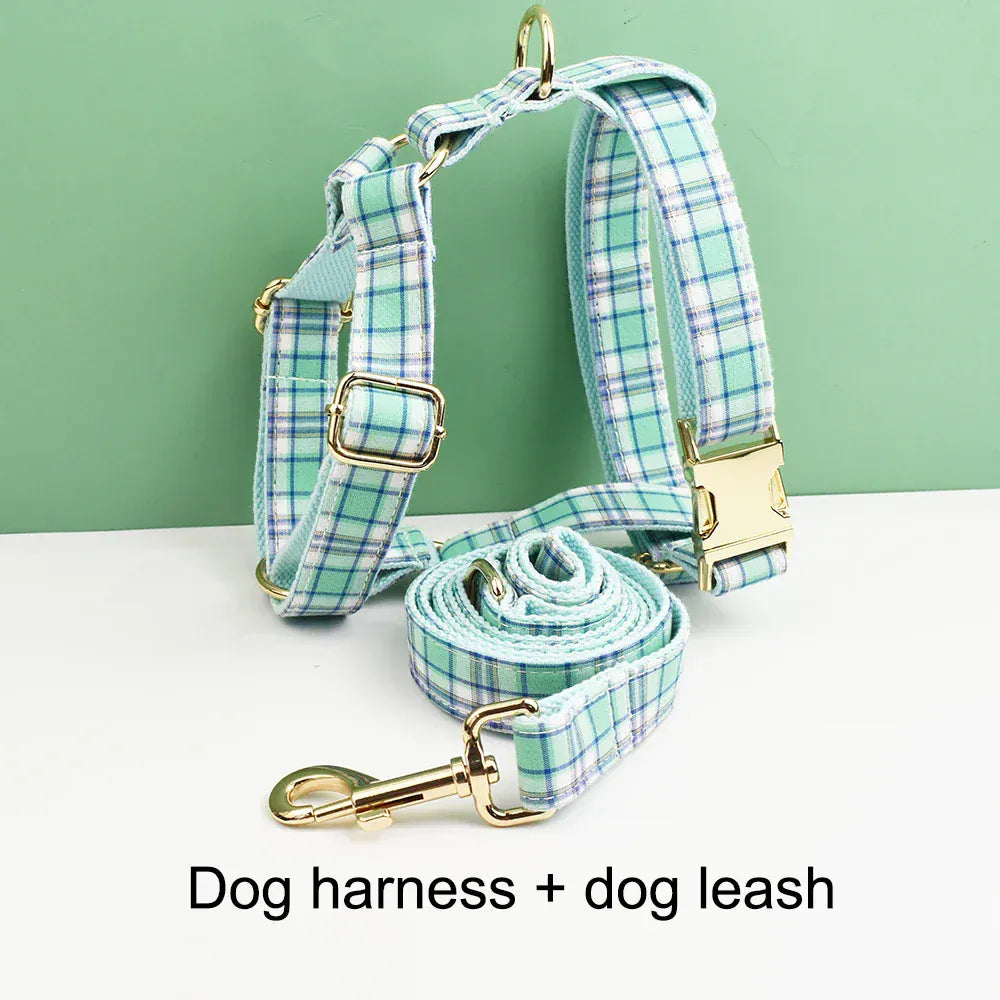 Lake Water Green Plaid Dog Collar Leash and Harness Set