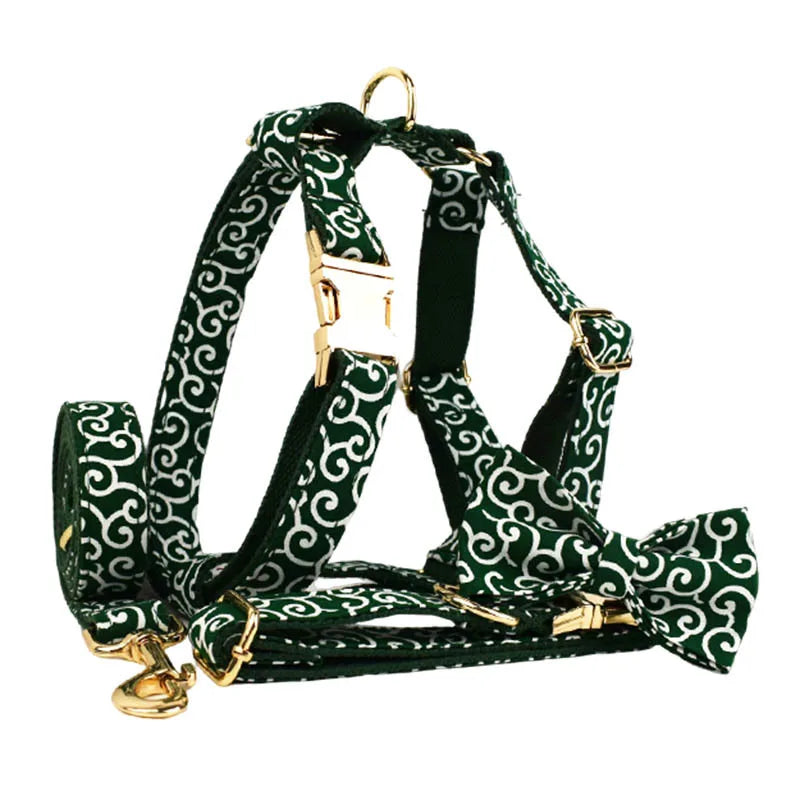 Personalized Floral Dog Harness and Leash Set, Puppy Bowtie Collar with Poop Bag, Cute Outdoor Pet Gift