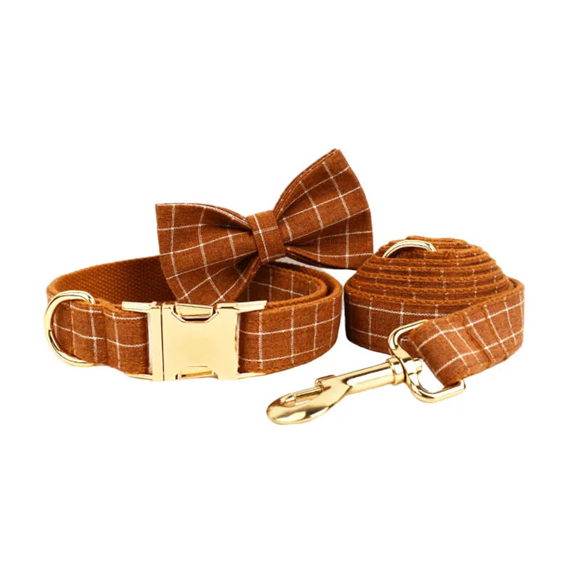 Brown Grid Personalized Dog Collar, Leash & Harness Set