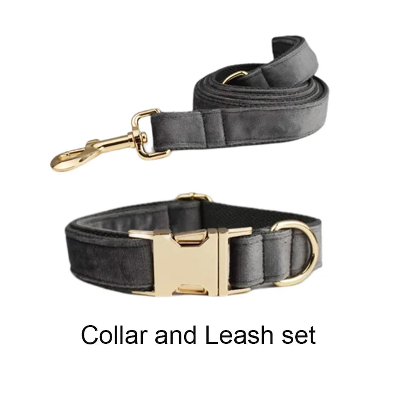 Dark Grey Velvet Personalized Dog Collar, Leash & Harness Set