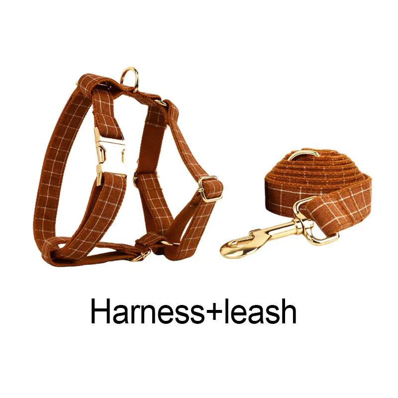 Brown Grid Personalized Dog Collar, Leash & Harness Set