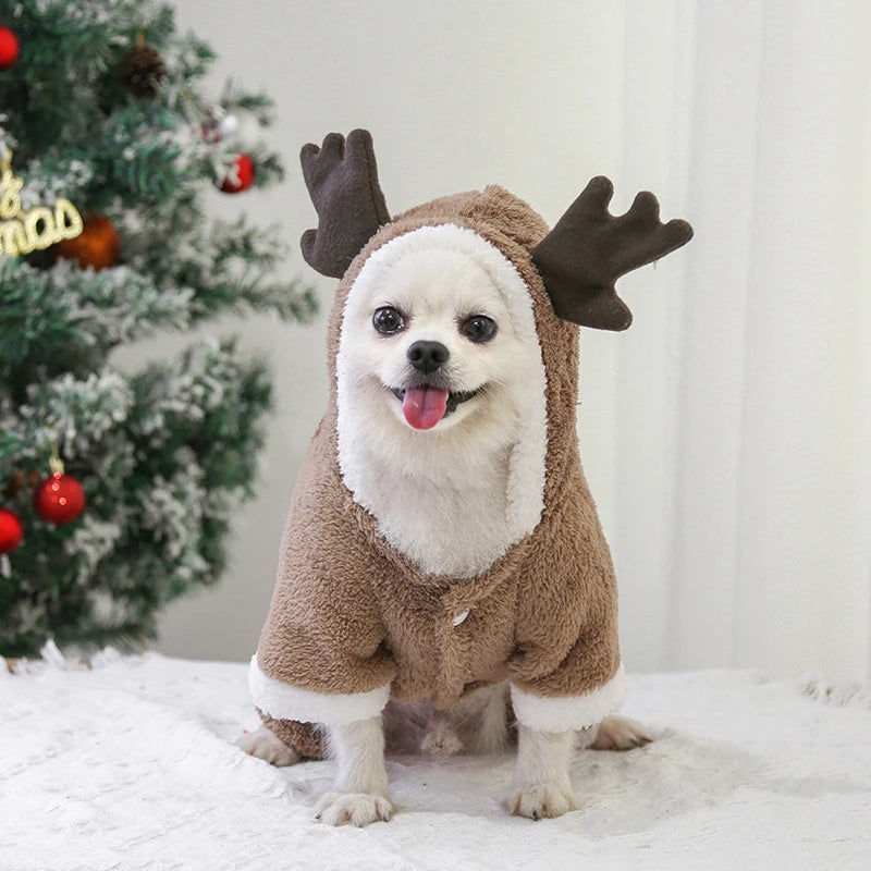 Christmas Elk Dog Hoodie – Warm Coral Velvet Winter Outfit for Small Dogs