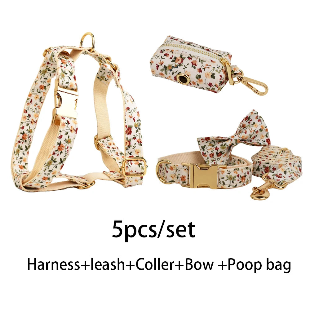Luxury Flower Soft Cotton Personalized Dog Collar, Leash & Harness Set
