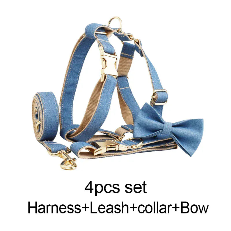 D&D Paws Collar + Harness + Leash + Bowtie / XS Blue Denim Set