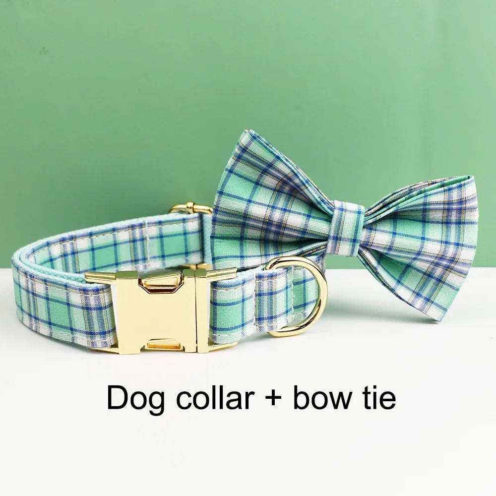 Lake Water Green Plaid Dog Collar Leash and Harness Set