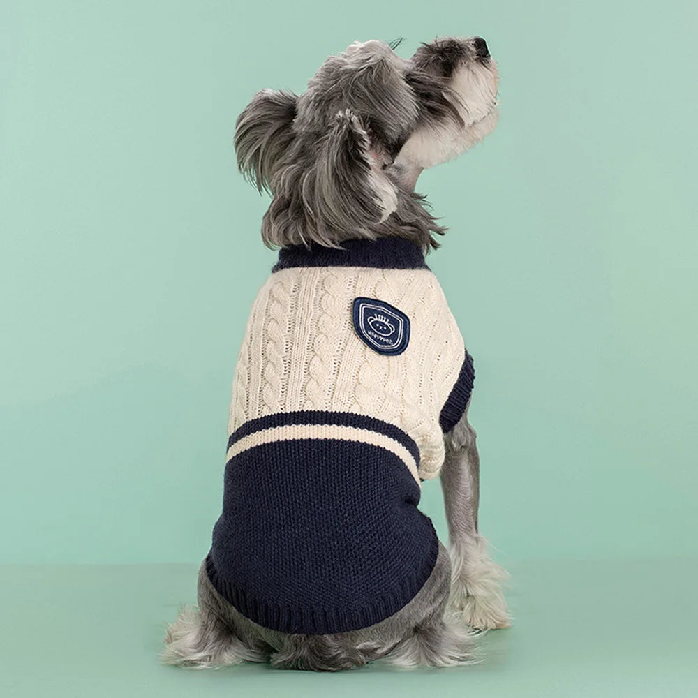 Warm Knitted Dog Sweater – College Style Pullover for Small & Medium Dogs