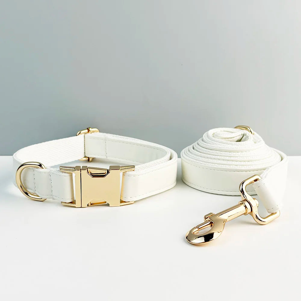 White Leather Personalized Dog Collar, Leash & Harness Set