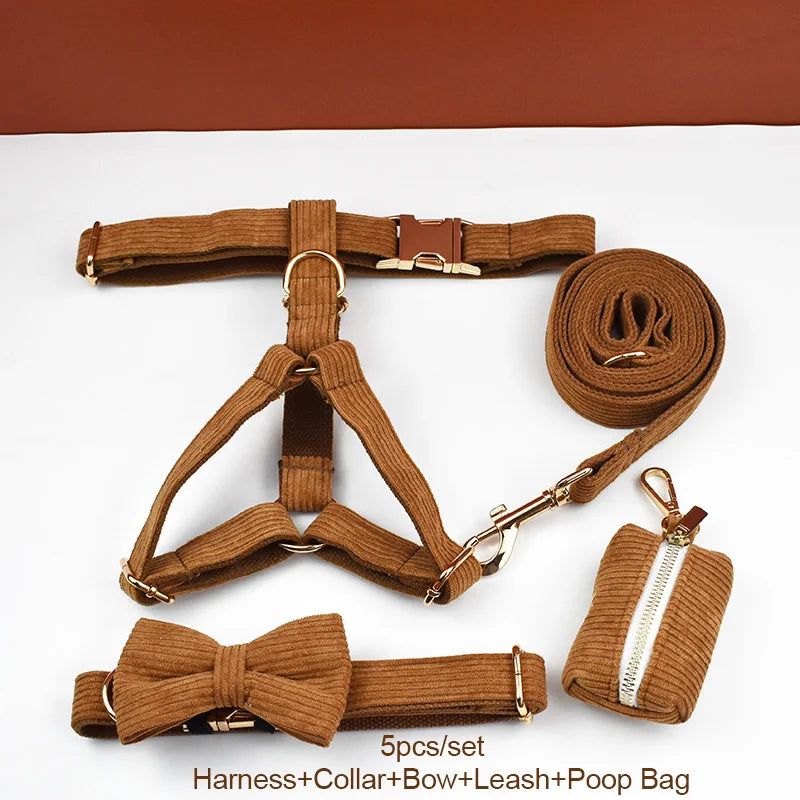 Caramel Corduroy Personalized Dog Collar, Leash & Harness Set