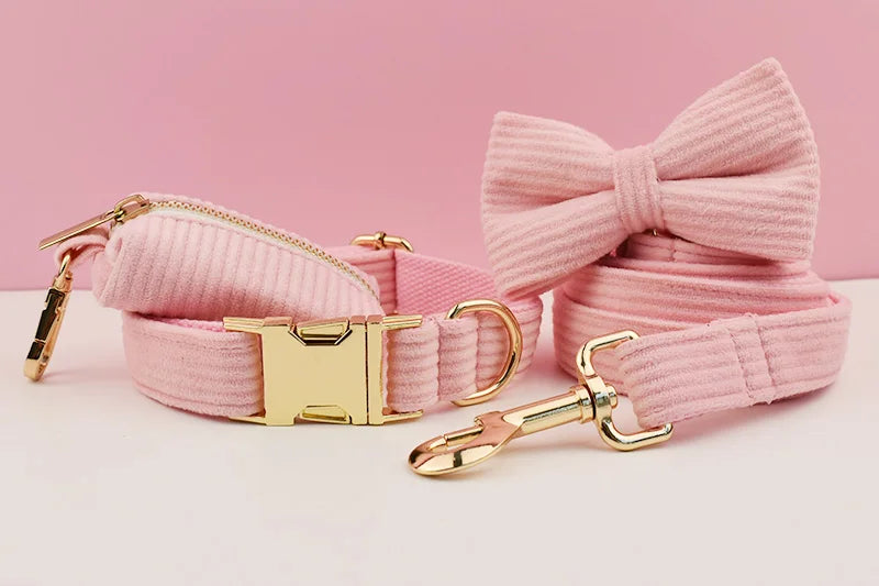 Pink Corduroy Personalized Dog Collar, Leash & Harness Set