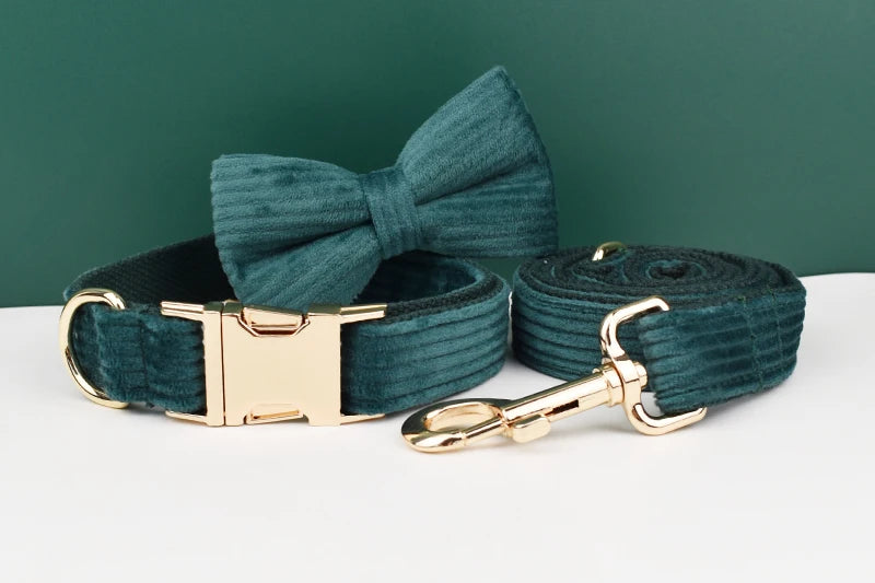 Dark green Corduroy Personalized Dog Collar, Leash & Harness Set