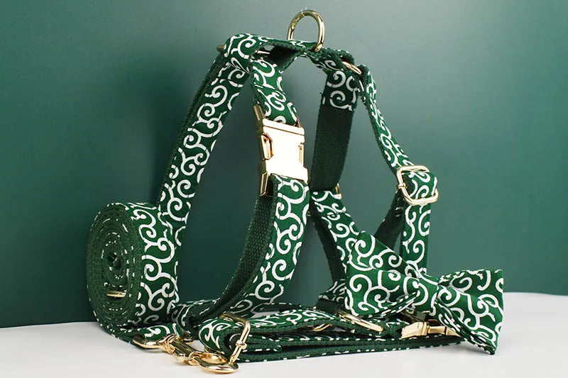 Green Soft Cotton Personalized Dog Collar, Leash & Harness Set