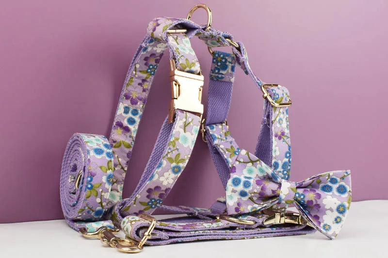 Purple Soft Cotton Personalized Dog Collar, Leash & Harness Set