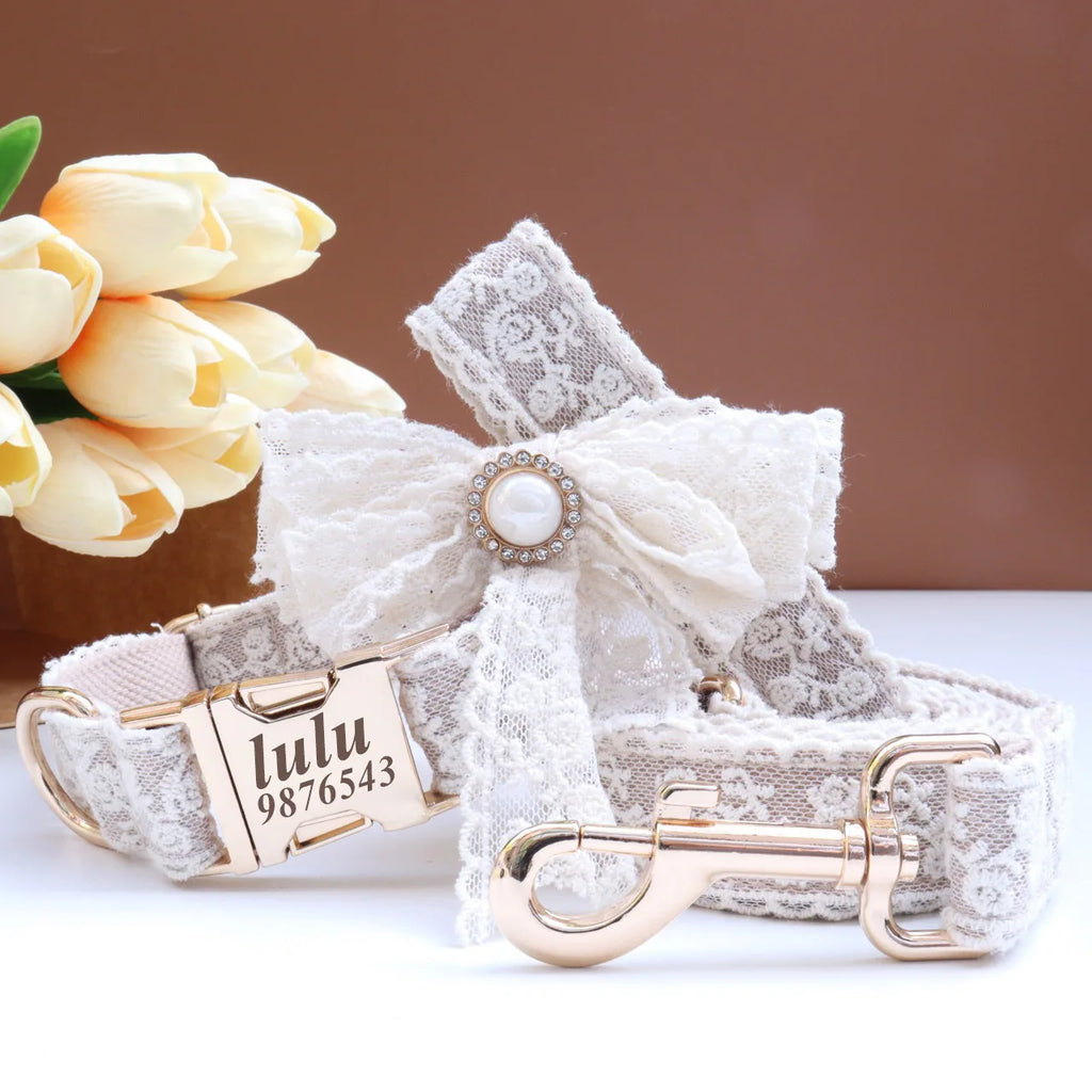 Luxury Pearl Personalized  Dog Collar and Leash Set, Lace Bowtie with Rhinestone Sparkle, Elegant Puppy Girl Pet Necklace