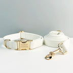 White Leather Personalized Dog Collar, Leash & Harness Set