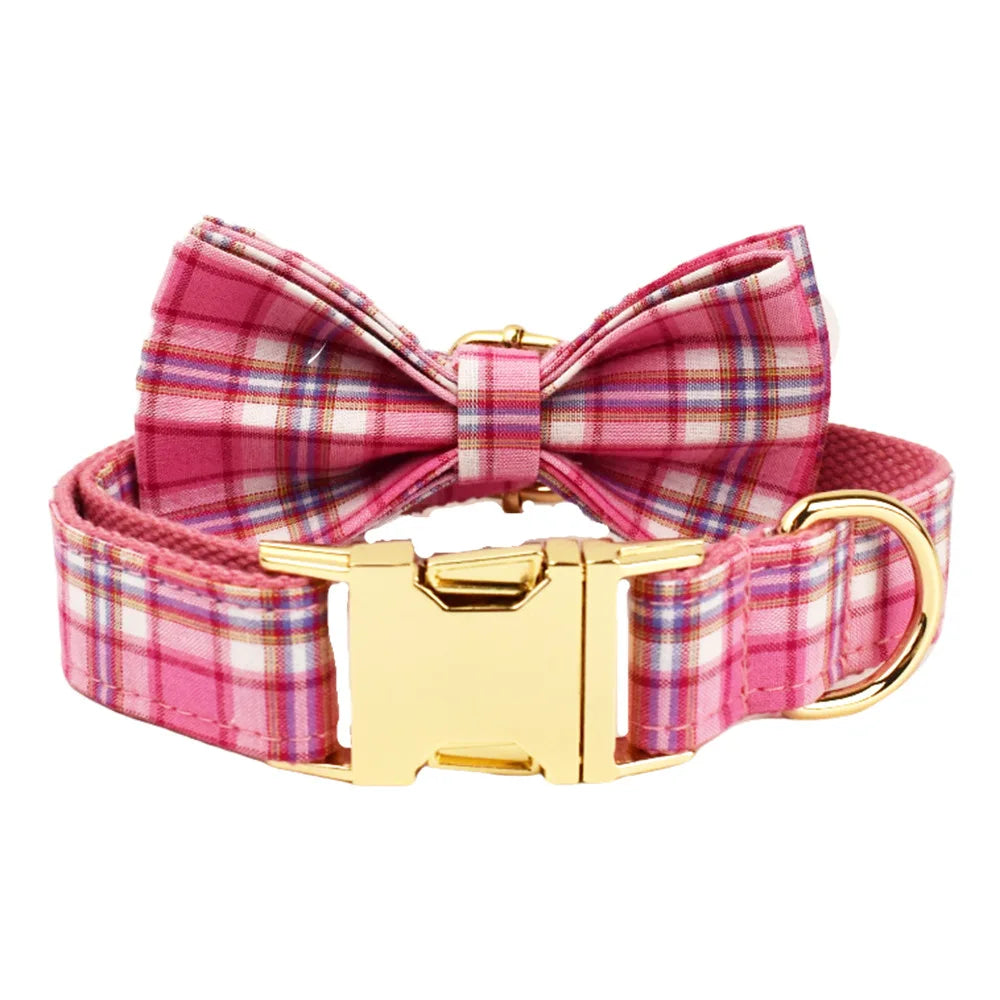 Multi Plaid Personalized Dog Bowtie Collar, Leash Set And Harness Set - Engravable Best Gift For Dog Lover