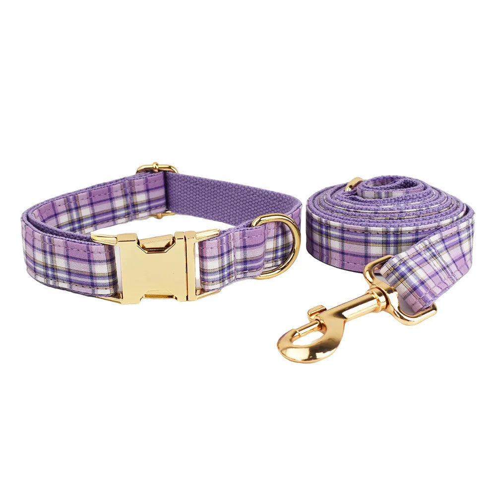 Multi Plaid Personalized Dog Bowtie Collar, Leash Set And Harness Set - Engravable Best Gift For Dog Lover