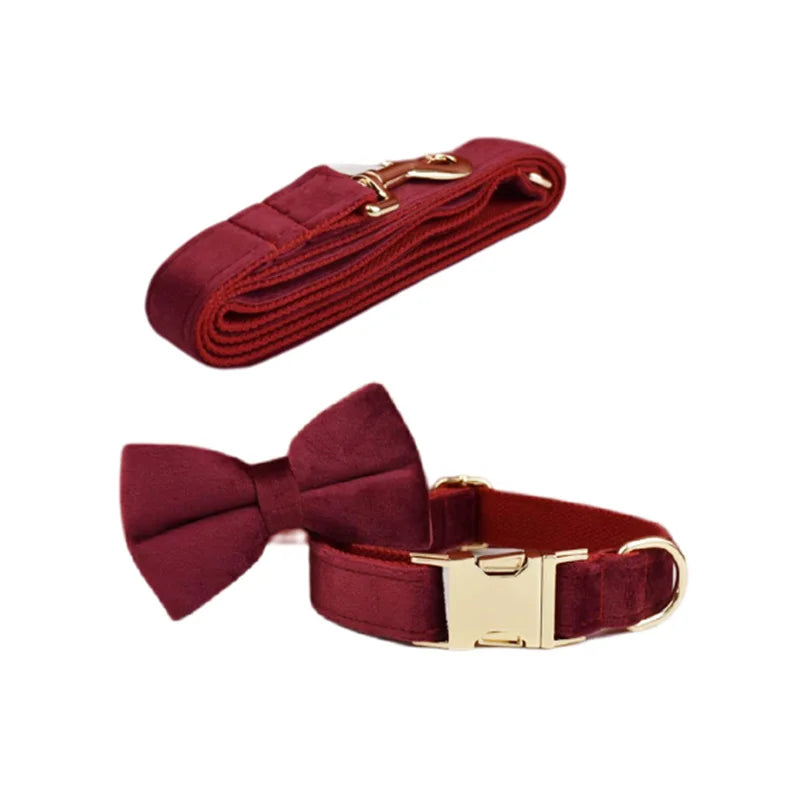 Red Wine Velvet Personalized Dog Collar, Leash & Harness Set