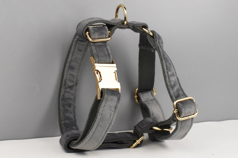 Dark Grey Velvet Personalized Dog Collar, Leash & Harness Set