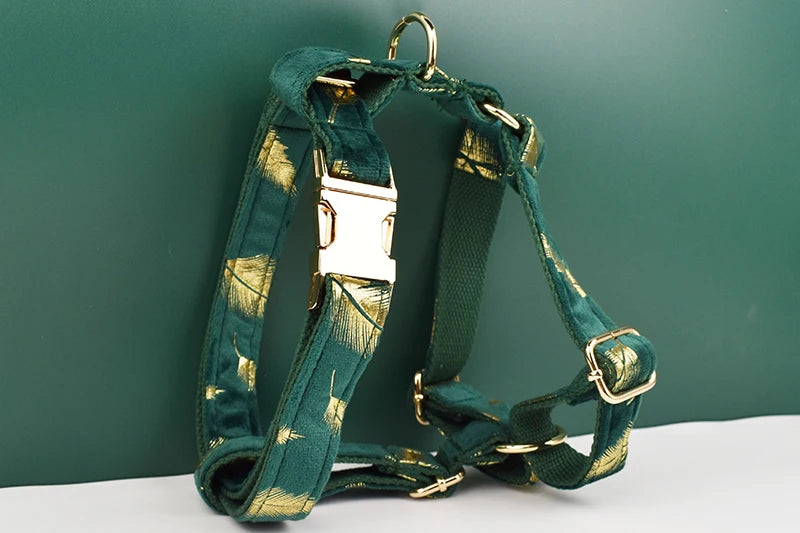 Green feather velvet  Personalized Dog Collar, Leash & Harness Set