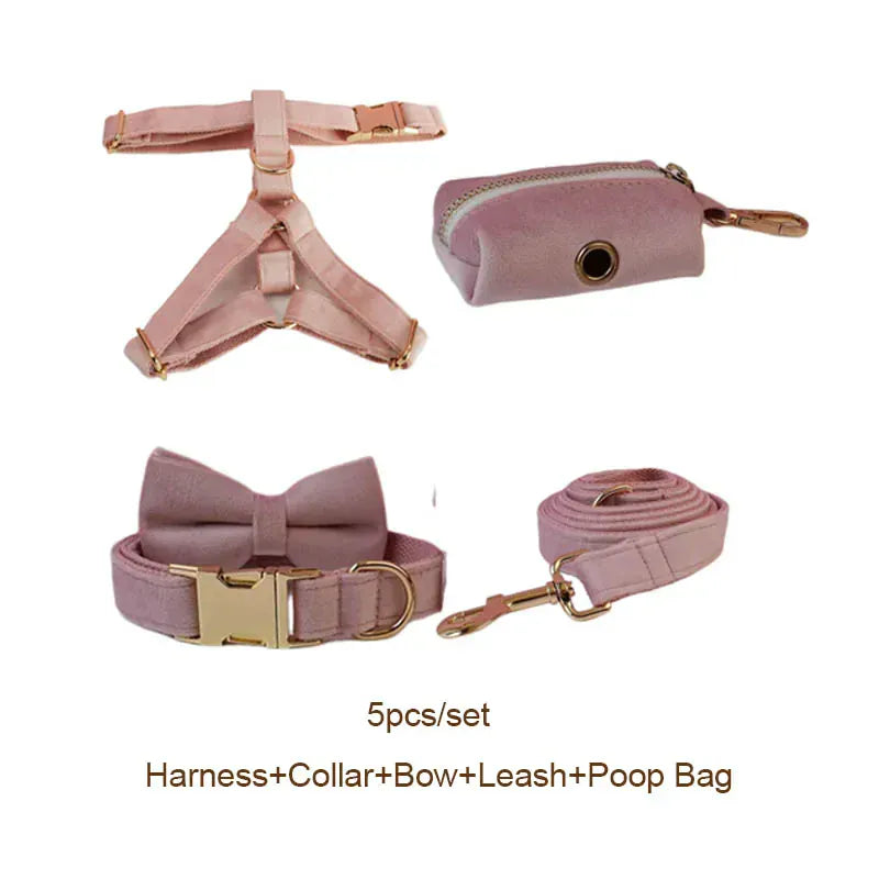 Pale Pink Velvet Dog Collar Leash and Harness Set